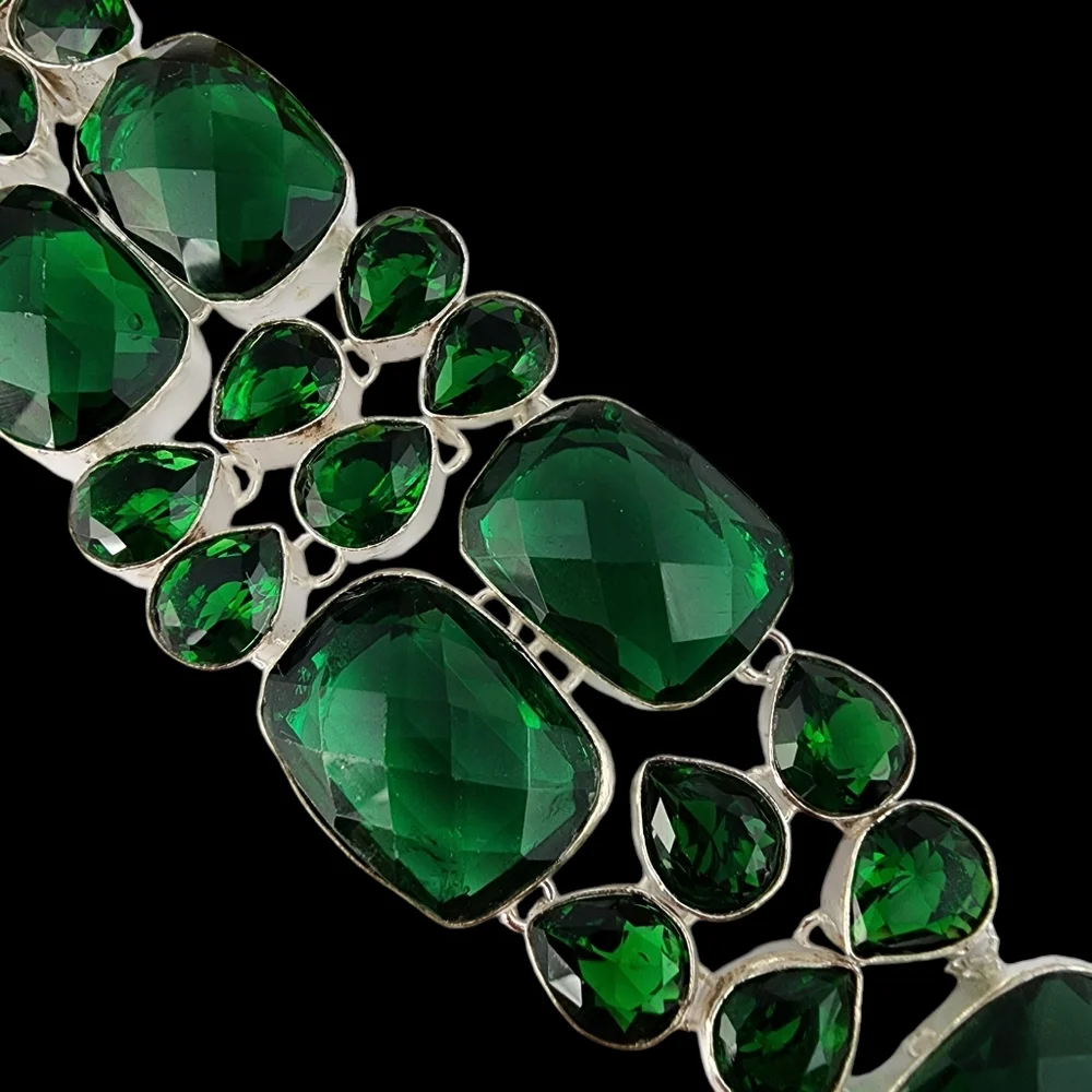 Green faceted glass silver bracelet chunky statement bracelet